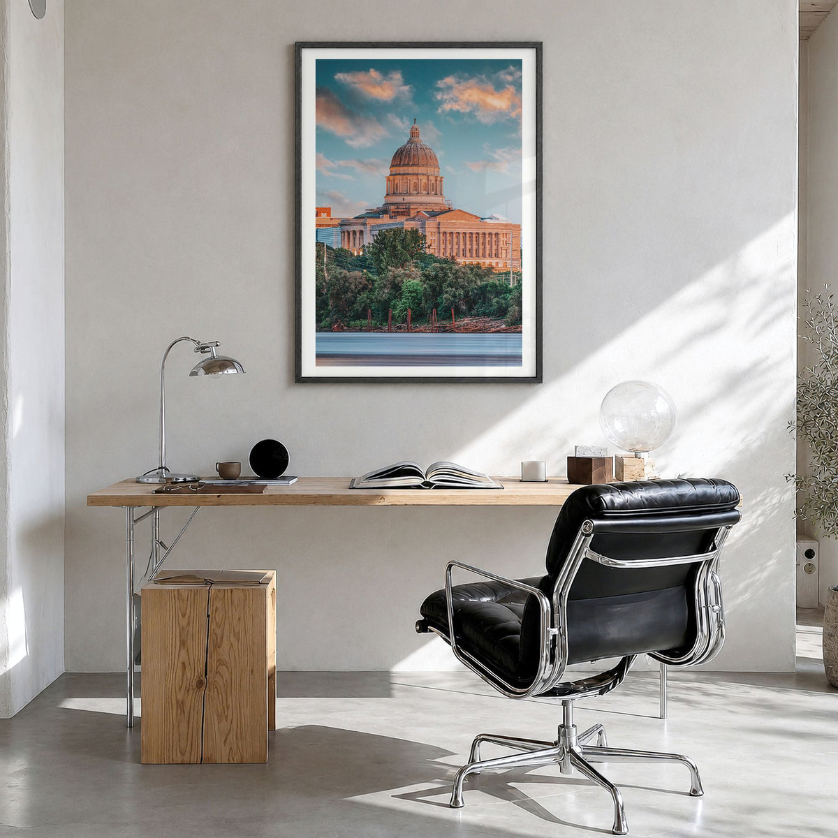 Missouri Photo No 1 Poster in a black wood frame, hanging in a bright home office, white border
