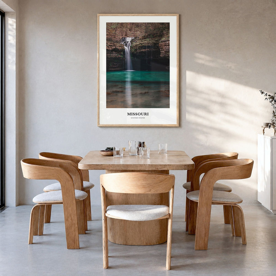 Missouri Classic Poster in a natural wood frame, hanging in a dining room