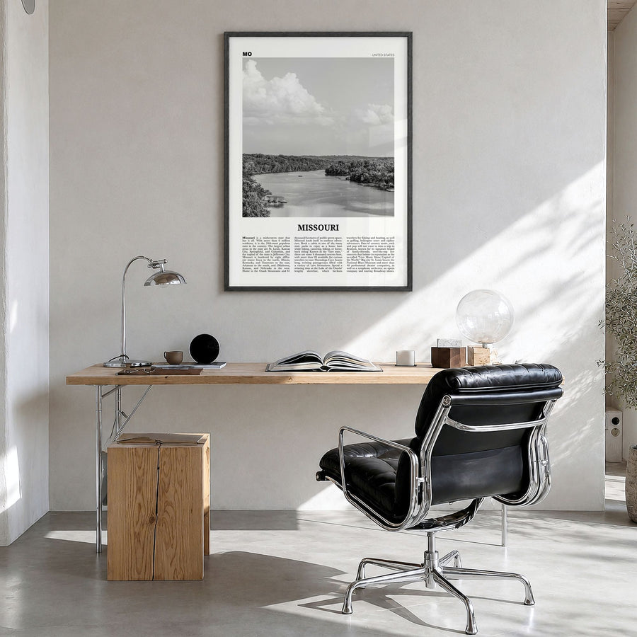 Missouri Newspaper No 1 Poster in a black wood frame, hanging in a bright home office