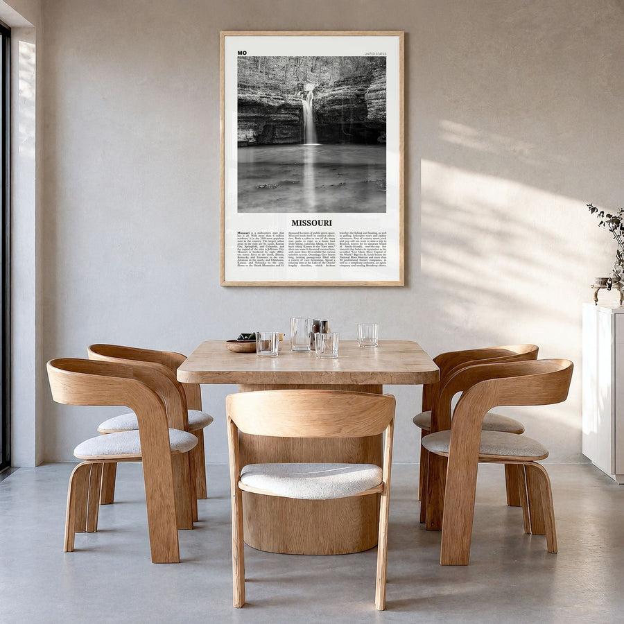 Missouri Newspaper No 2 Poster in a natural wood frame, hanging in a dining room
