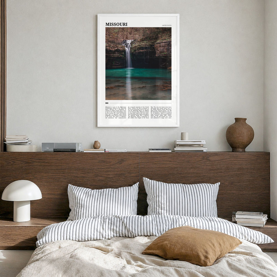 Missouri Travel Poster in a white wood frame, hanging in a bedroom