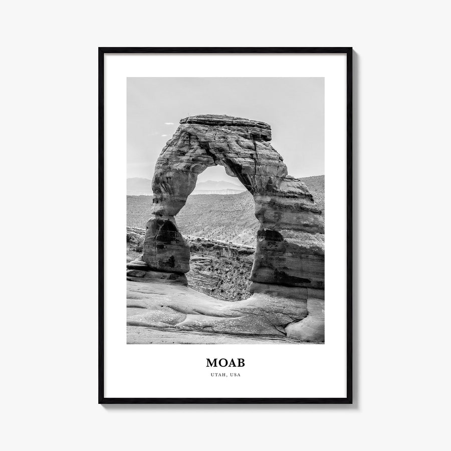 Moab black & white classic poster of Utah, USA – vertical wall art, unframed print shown in interior mockup