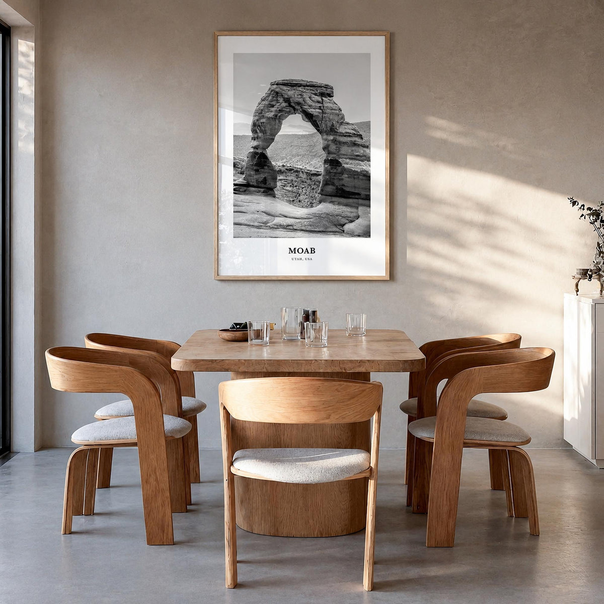 Moab black & white classic poster of Utah, USA – vertical wall art in natural wood frame, hanging on wall