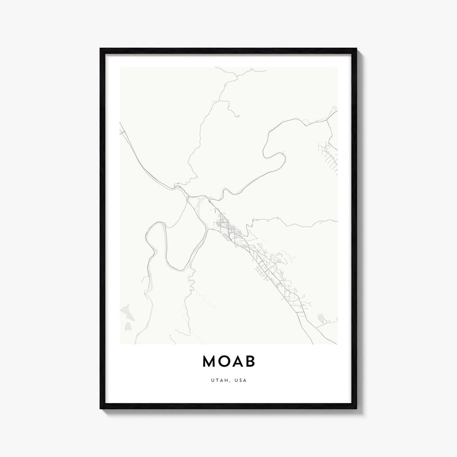 Moab black & white map poster of Utah, USA – vertical wall art, unframed print shown in interior mockup