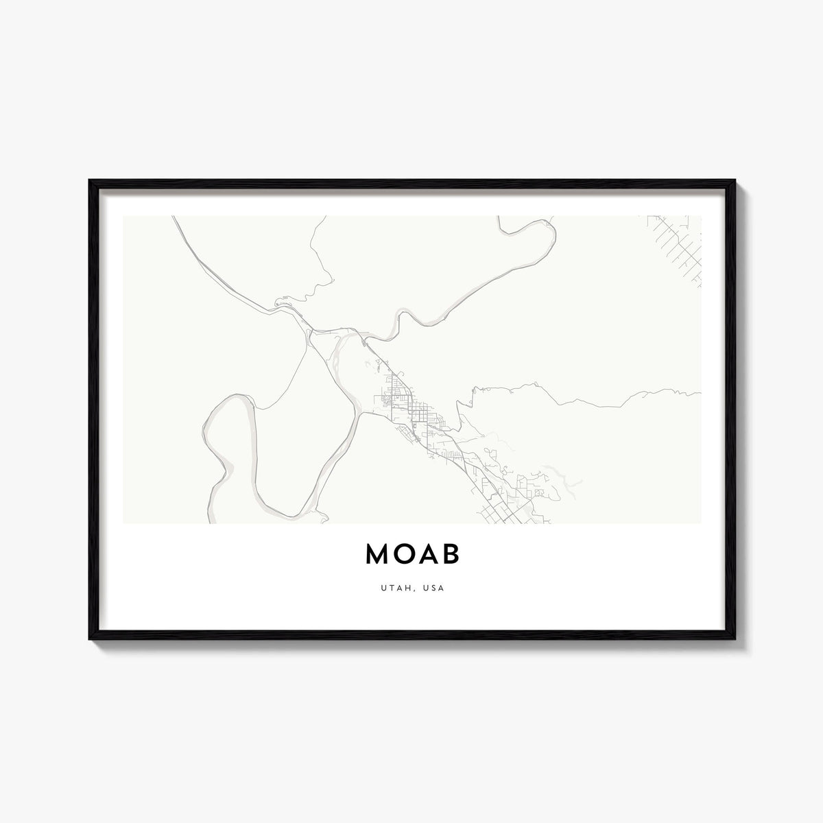Moab black & white map poster of Utah, USA – horizontal wall art, unframed print shown in interior mockup