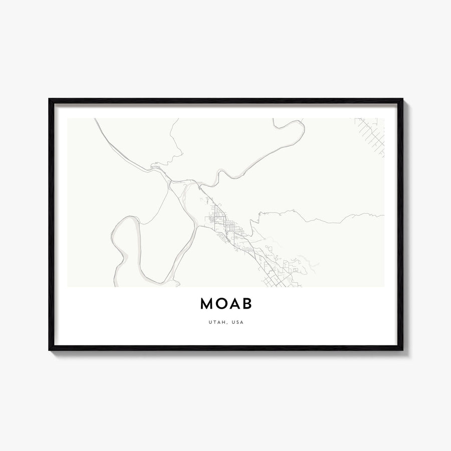 Moab black & white map poster of Utah, USA – horizontal wall art, unframed print shown in interior mockup