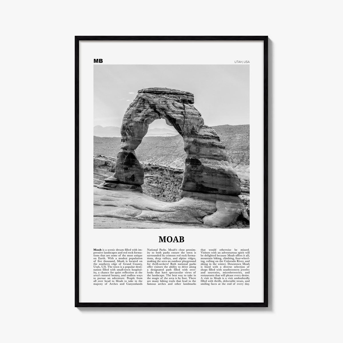 Moab black & white newspaper poster of Utah, USA – vertical wall art, unframed print shown in interior mockup