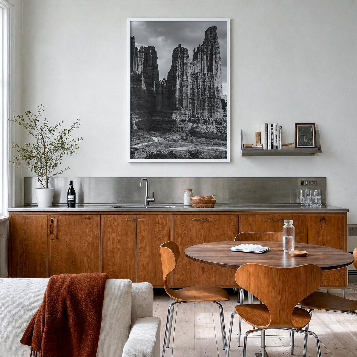 Moab black & white photo poster of Utah, USA – vertical wall art in white wood frame, hanging on wall