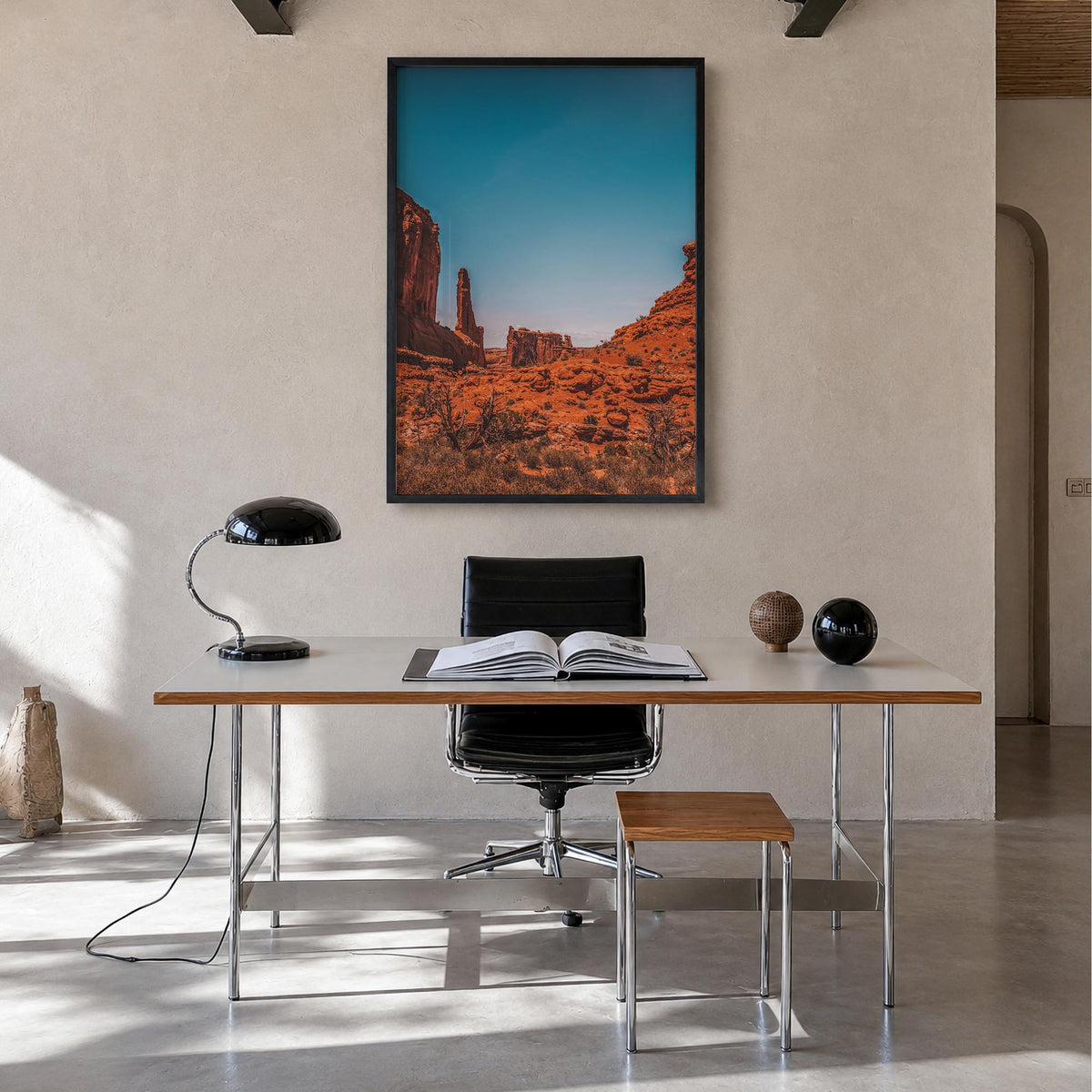 Moab colorful photo poster of Utah, USA – vertical wall art in black wood frame, hanging on wall
