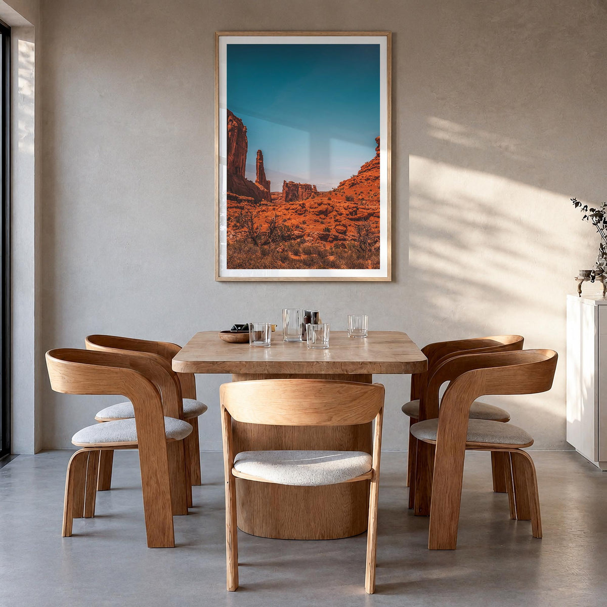 Moab colorful photo poster of Utah, USA – vertical wall art in natural wood frame with white border, hanging on wall