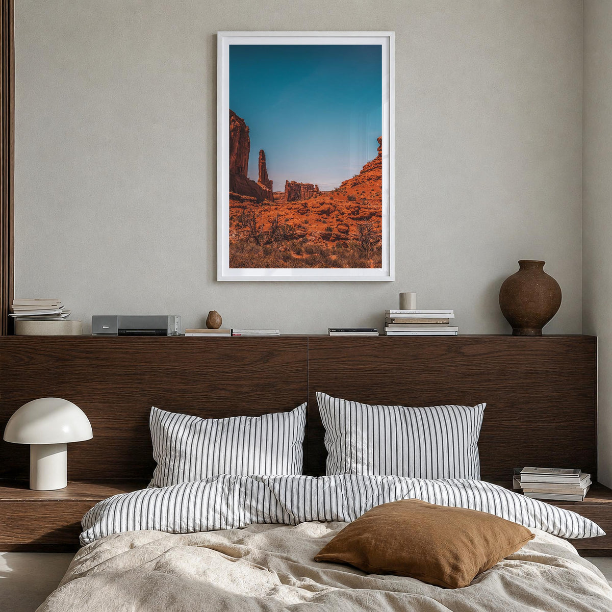 Moab colorful photo poster of Utah, USA – vertical wall art in white wood frame with white border, hanging on wall