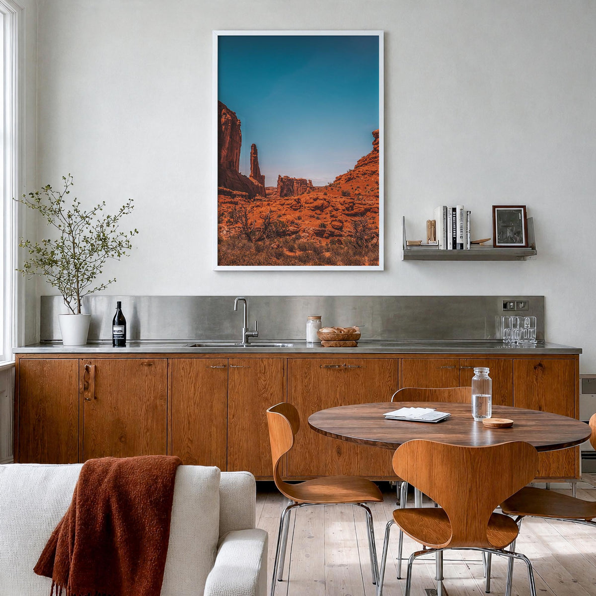 Moab colorful photo poster of Utah, USA – vertical wall art in white wood frame, hanging on wall