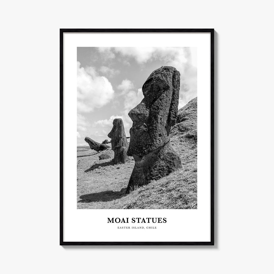 Moai Statues black & white classic poster of Chile – vertical wall art, unframed print shown in interior mockup