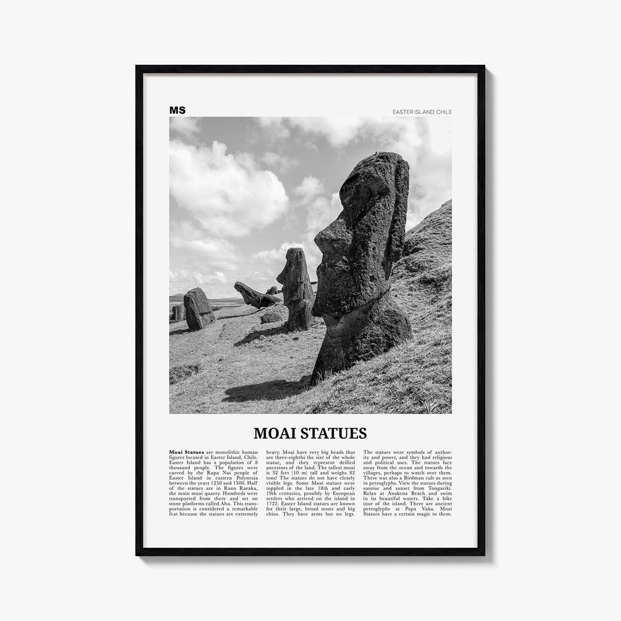 Moai Statues black & white newspaper poster of Chile – vertical wall art, unframed print shown in interior mockup