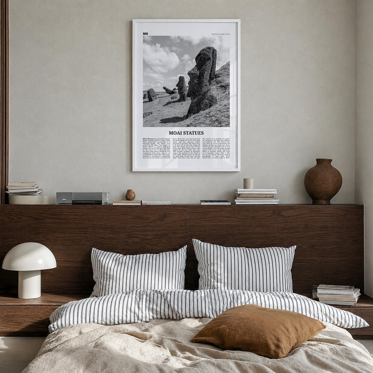 Moai Statues black & white newspaper poster of Chile – vertical wall art in white wood frame, hanging on wall