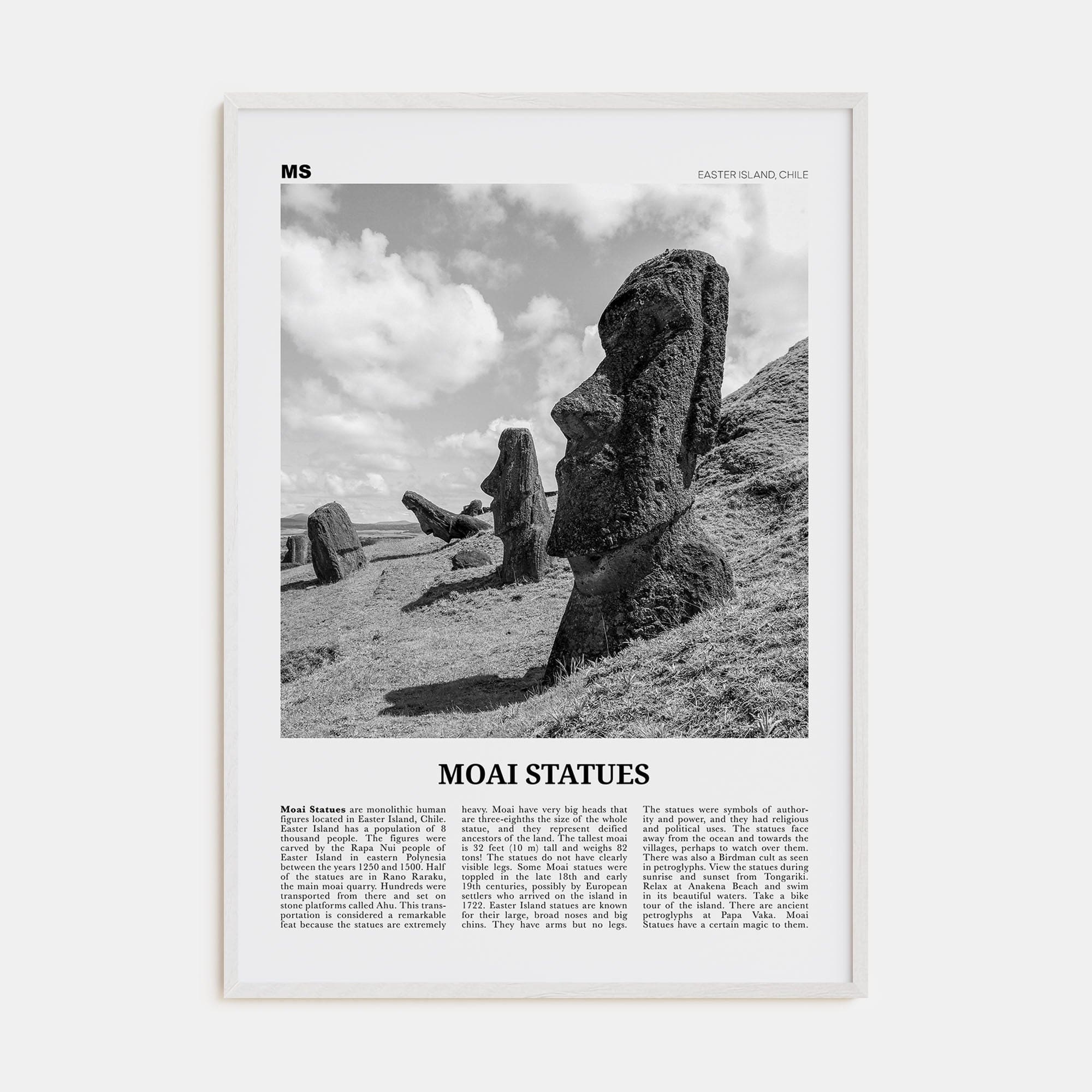 Moai Statues Poster White Wood / 8x12 in Nbourhood Travel B&W Poster