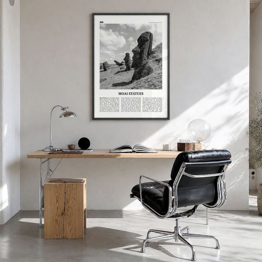 Moai Statues Newspaper Poster in a black wood frame, hanging in a bright home office