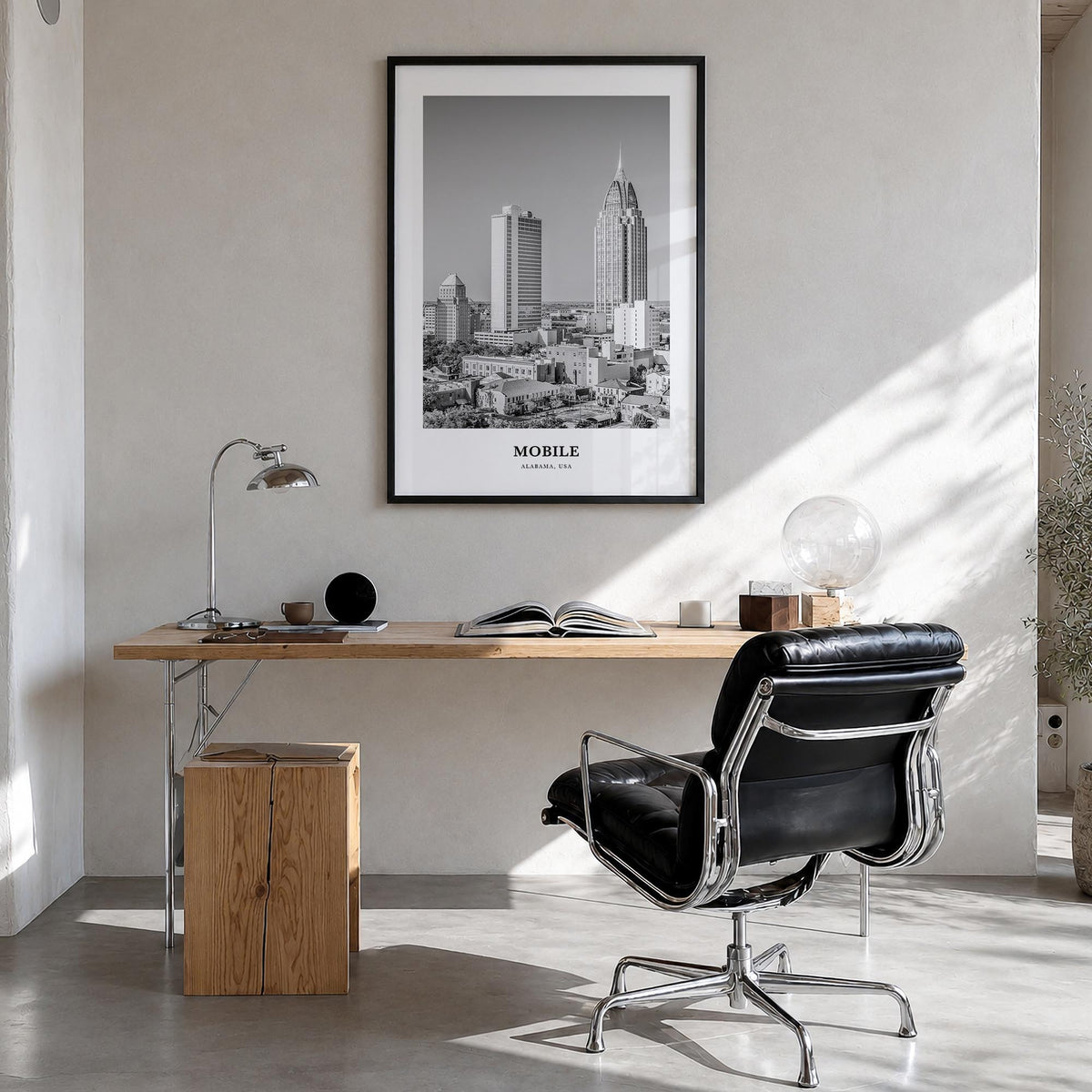 Mobile black & white classic poster of Alabama, USA – vertical wall art in black wood frame, hanging on wall