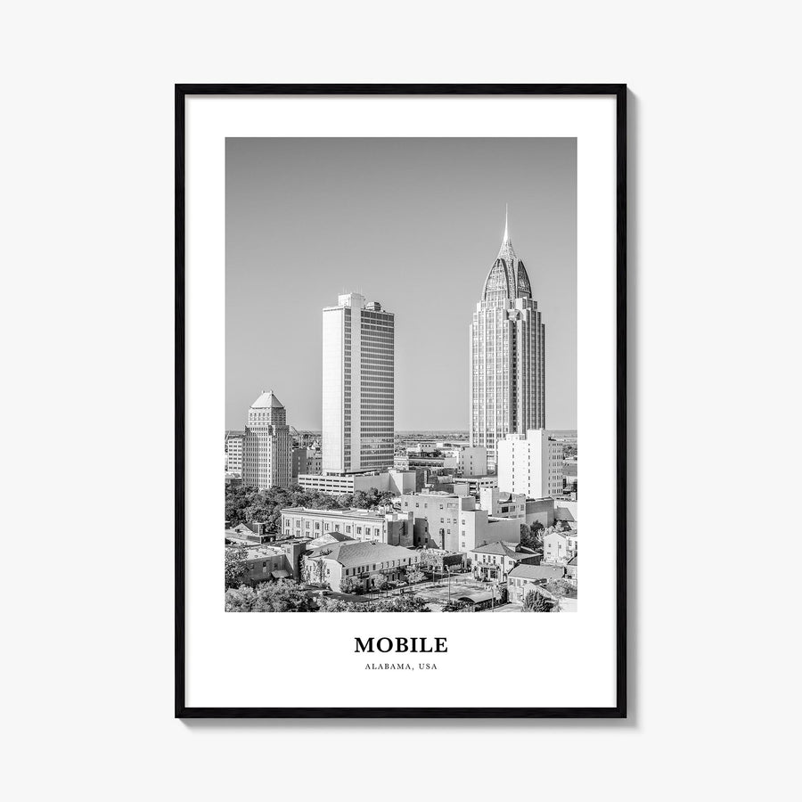 Mobile black & white classic poster of Alabama, USA – vertical wall art, unframed print shown in interior mockup