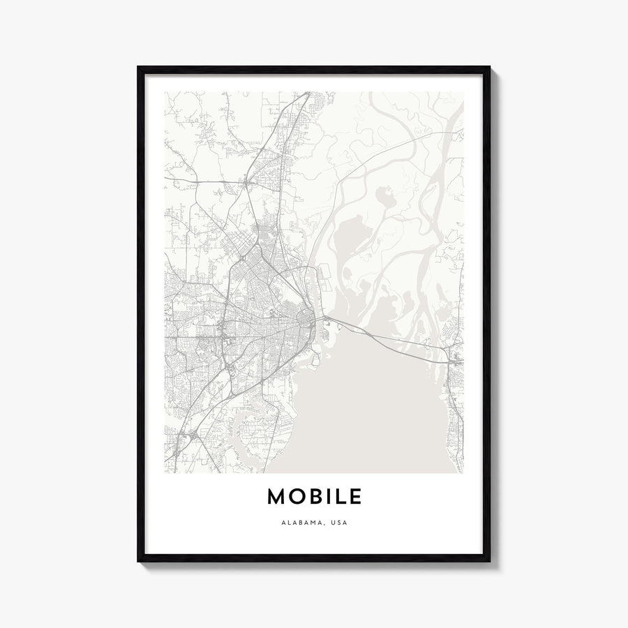 Mobile black & white map poster of Alabama, USA – vertical wall art, unframed print shown in interior mockup