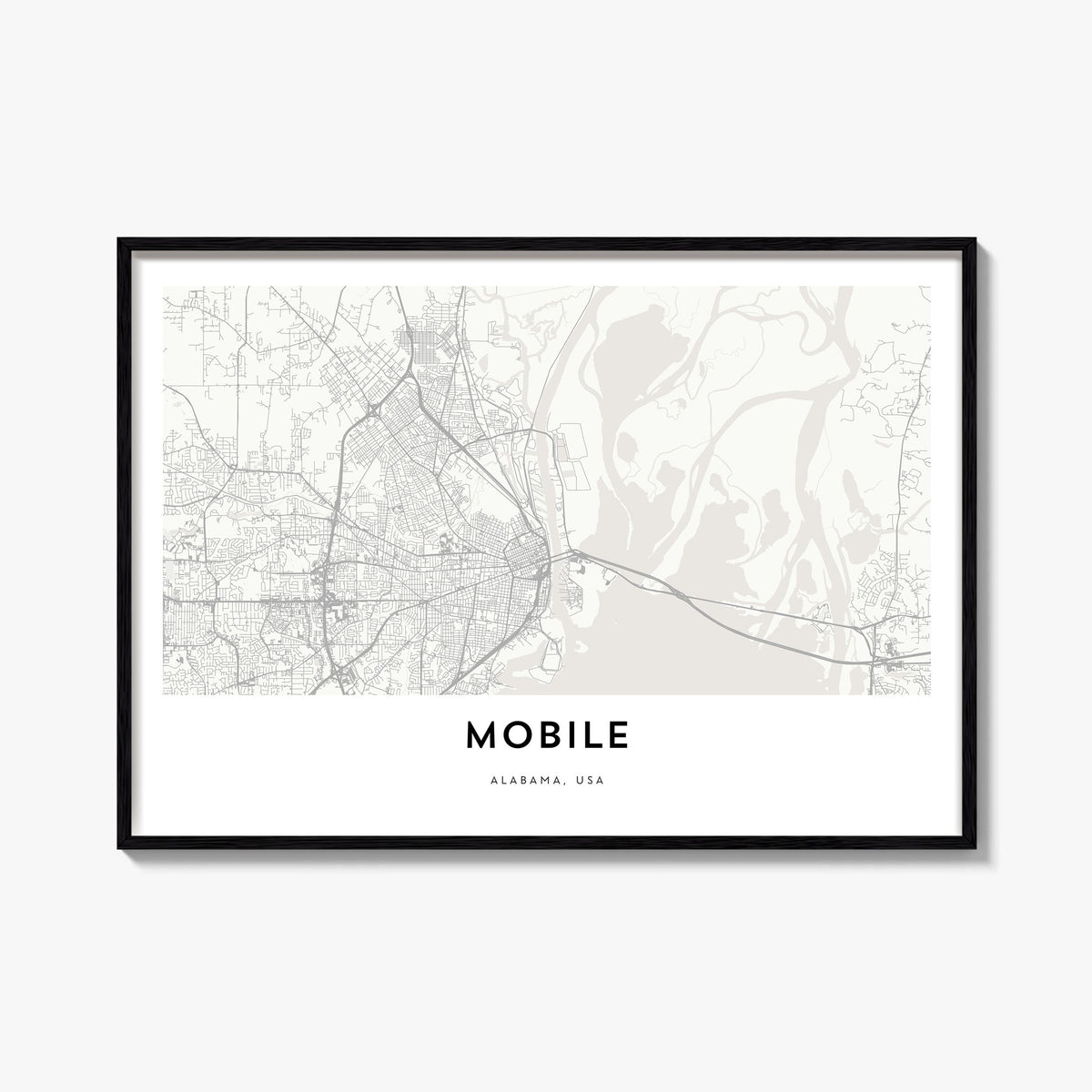 Mobile black & white map poster of Alabama, USA – horizontal wall art, unframed print shown in interior mockup
