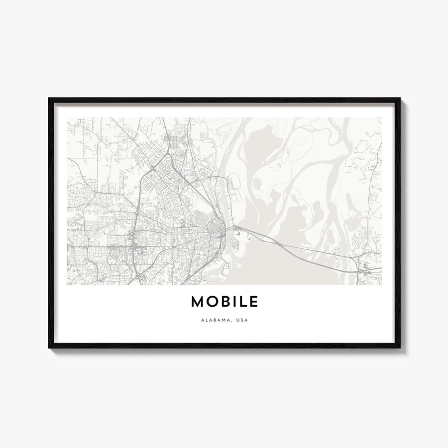 Mobile black & white map poster of Alabama, USA – horizontal wall art, unframed print shown in interior mockup