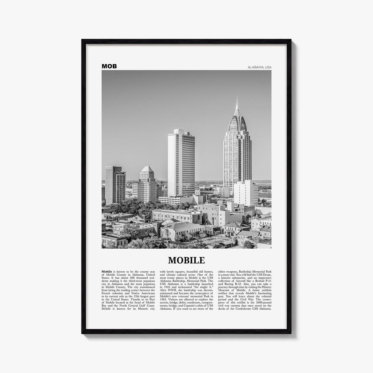 Mobile black & white newspaper poster of Alabama, USA – vertical wall art, unframed print shown in interior mockup