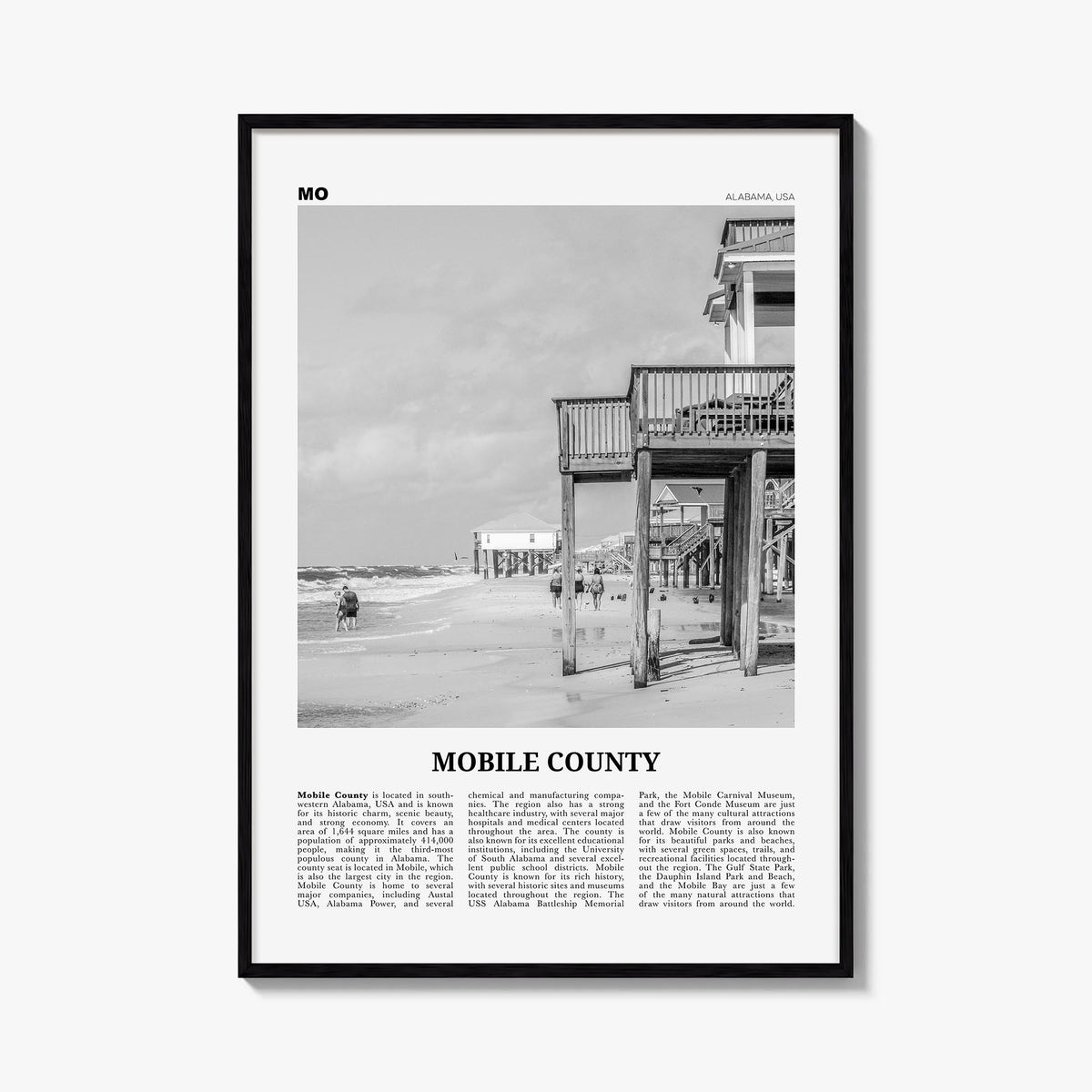 Mobile County black & white newspaper poster of Alabama, USA – vertical wall art, unframed print shown in interior mockup