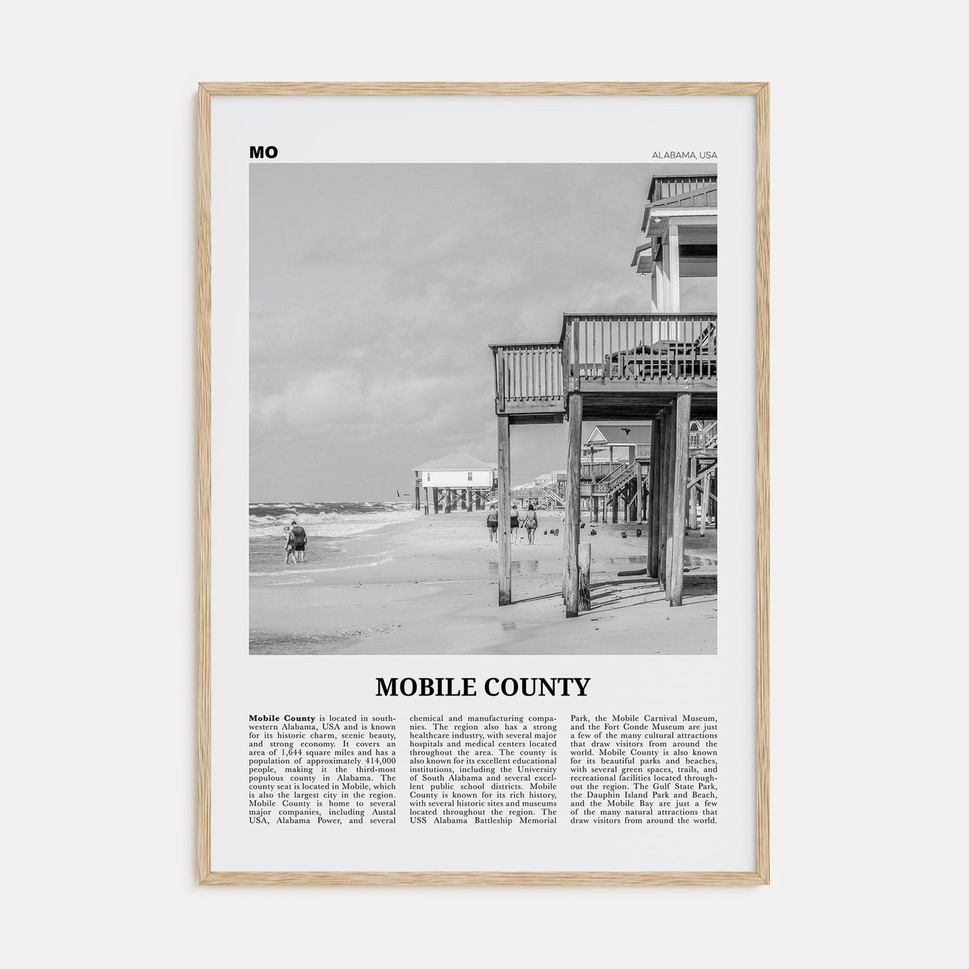 Mobile County Poster Natural Wood / 8x12 in Nbourhood Travel B&W Poster