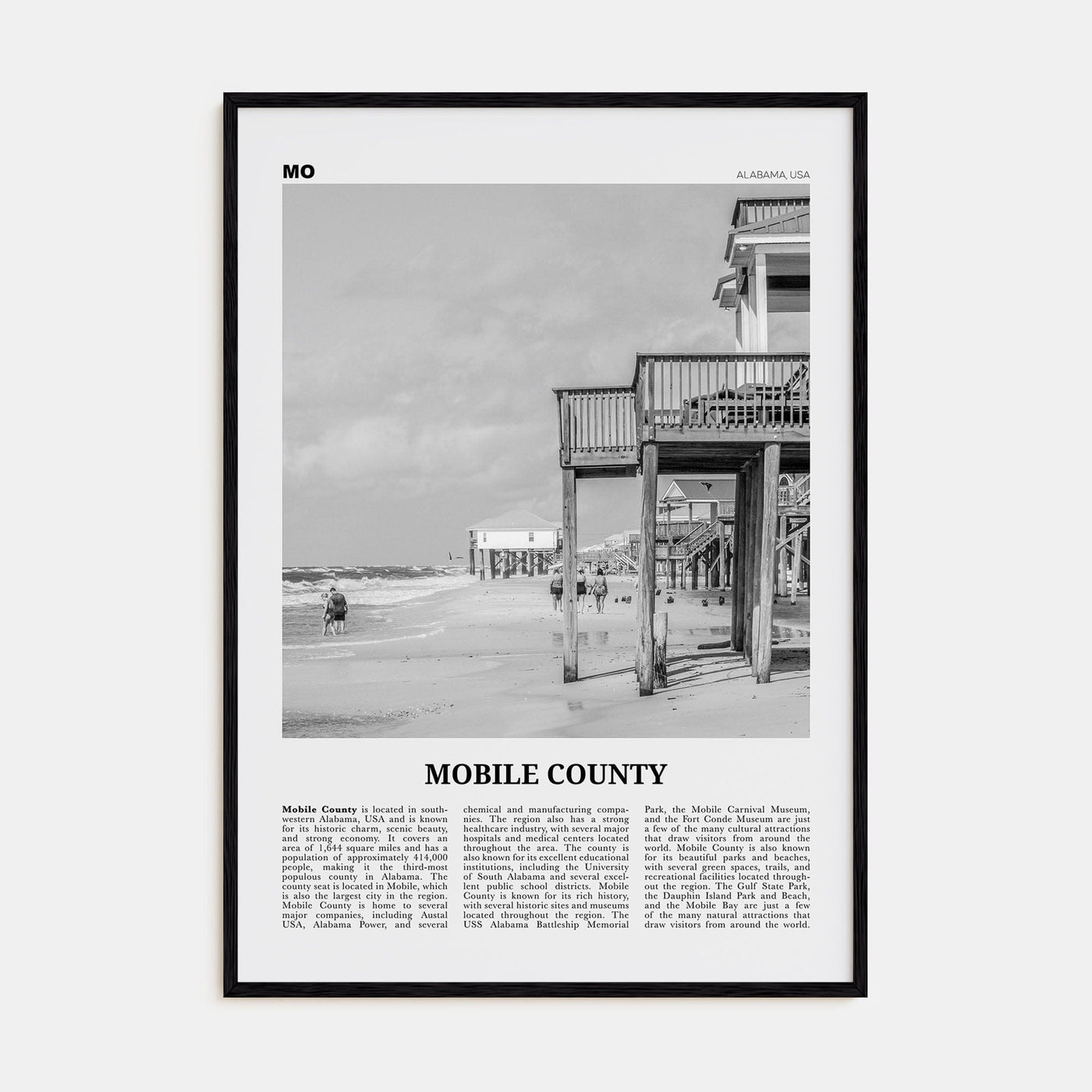 Mobile County Poster Black Wood / 8x12 in Nbourhood Travel B&W Poster