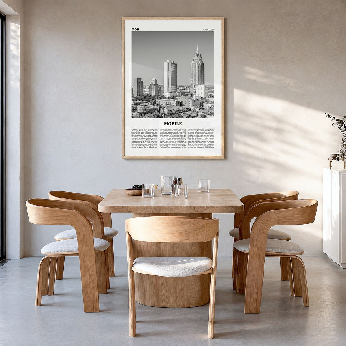 Mobile Newspaper Poster in a natural wood frame, hanging in a dining room
