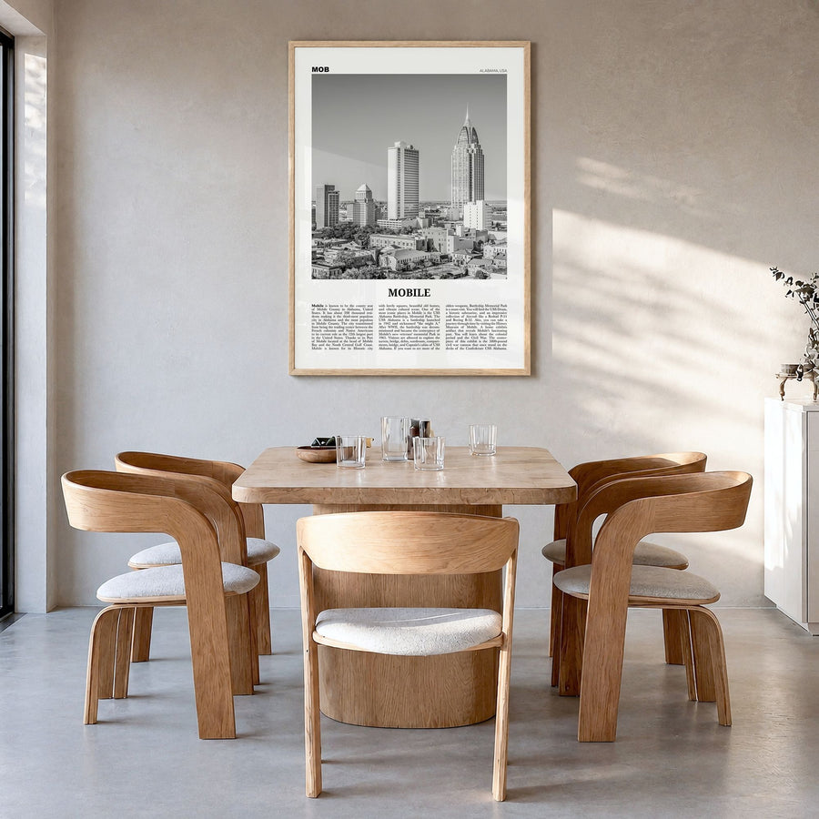 Mobile Newspaper Poster in a natural wood frame, hanging in a dining room