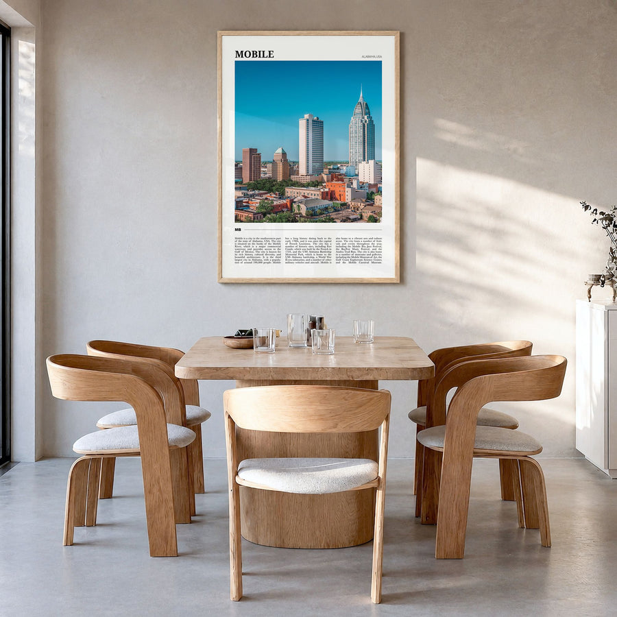 Mobile Travel Poster in a natural wood frame, hanging in a dining room