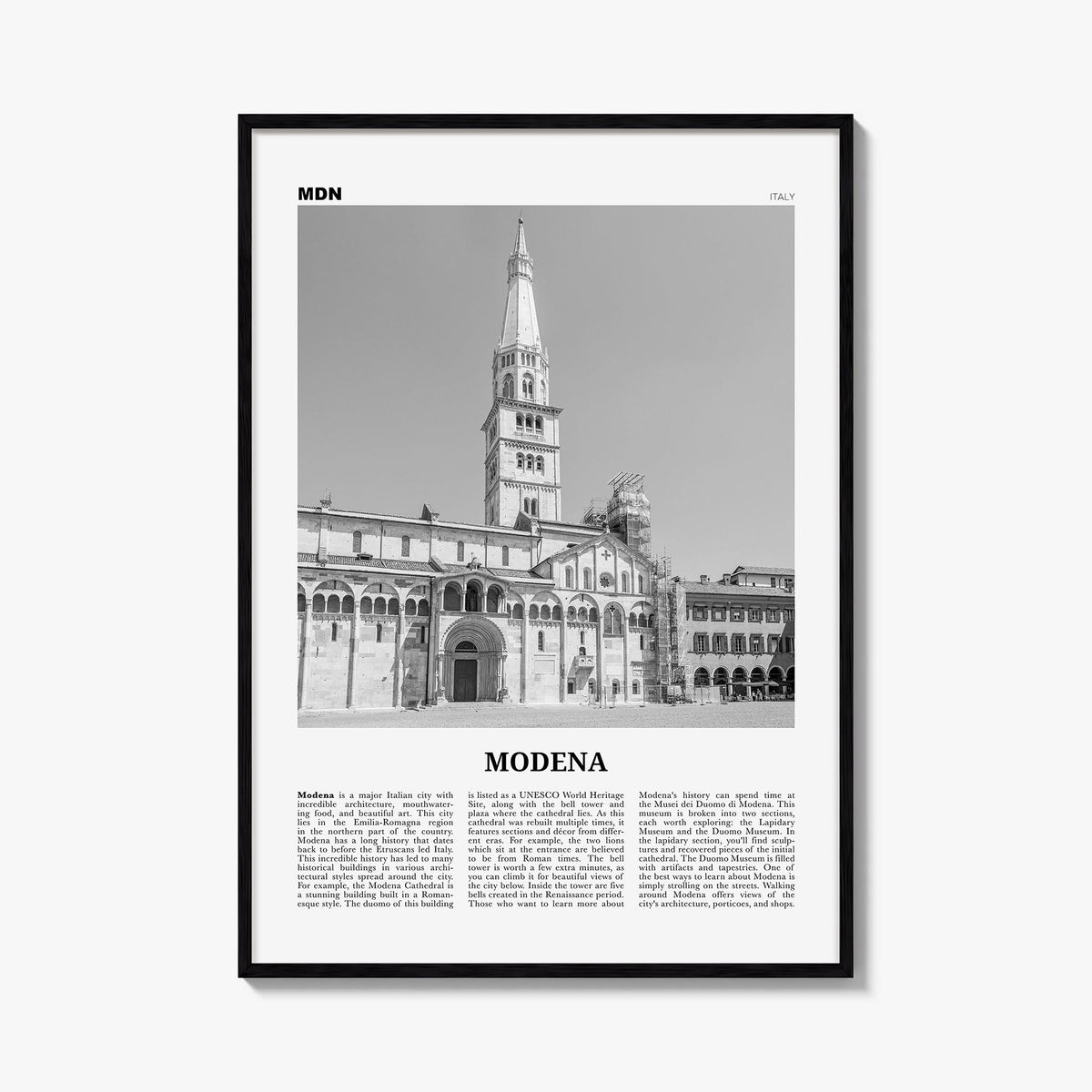 Modena black & white newspaper poster of Italy – vertical wall art, unframed print shown in interior mockup