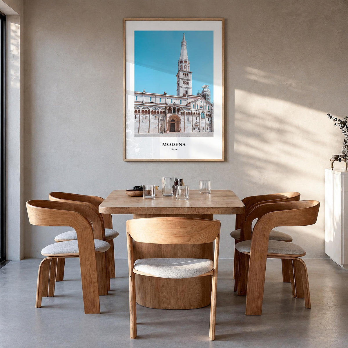 Modena colorful classic poster of Italy – vertical wall art in natural wood frame, hanging on wall