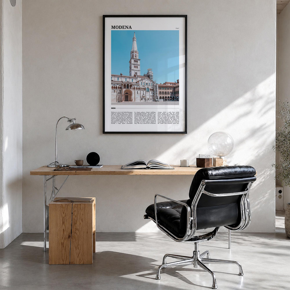 Modena colorful travel poster of Italy – vertical wall art in black wood frame, hanging on wall