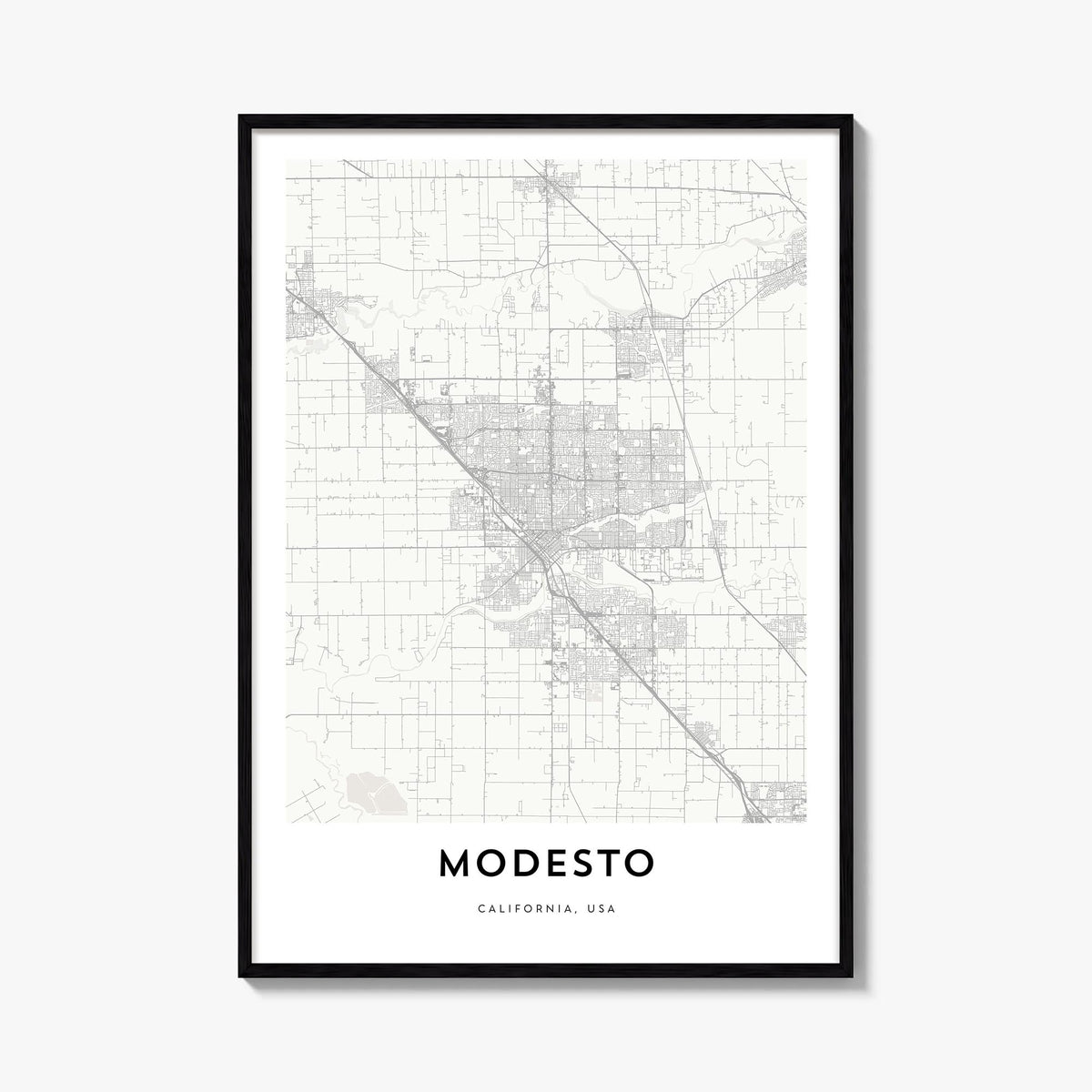 Modesto black & white map poster of California, USA – vertical wall art, unframed print shown in interior mockup