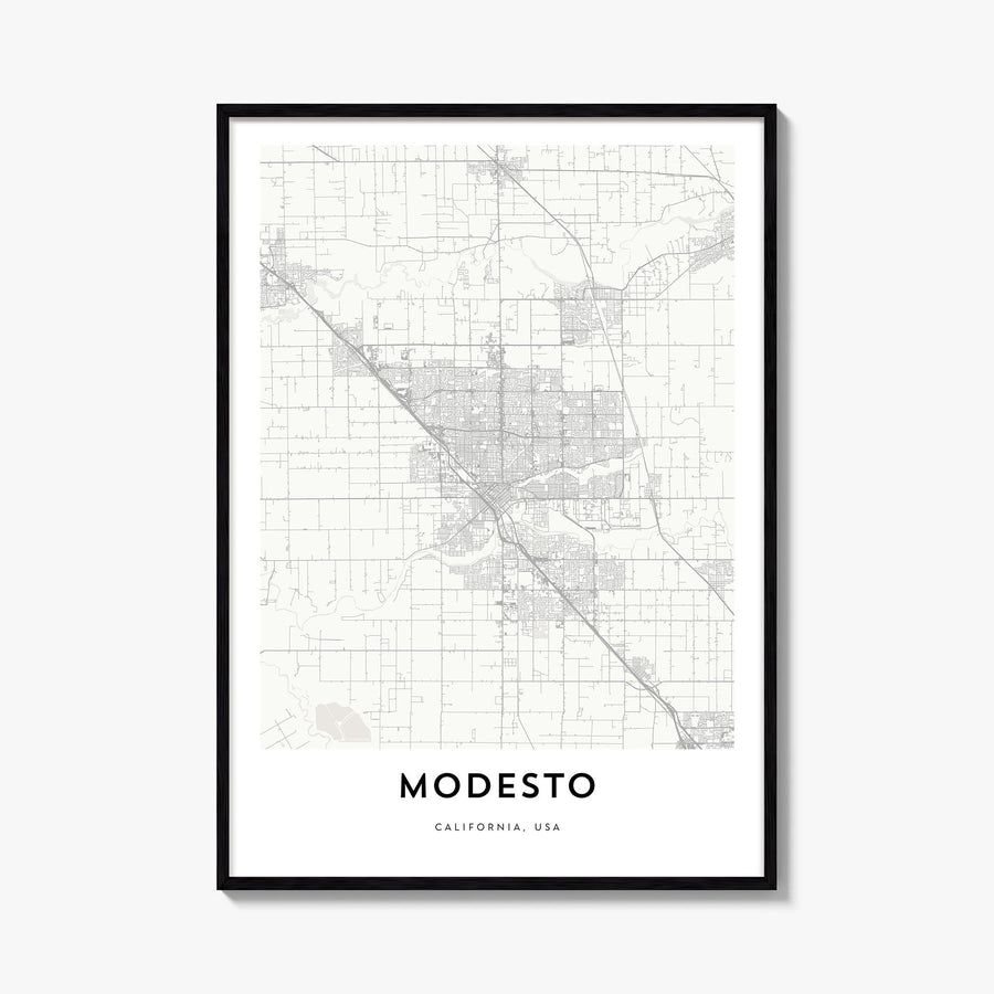 Modesto black & white map poster of California, USA – vertical wall art, unframed print shown in interior mockup