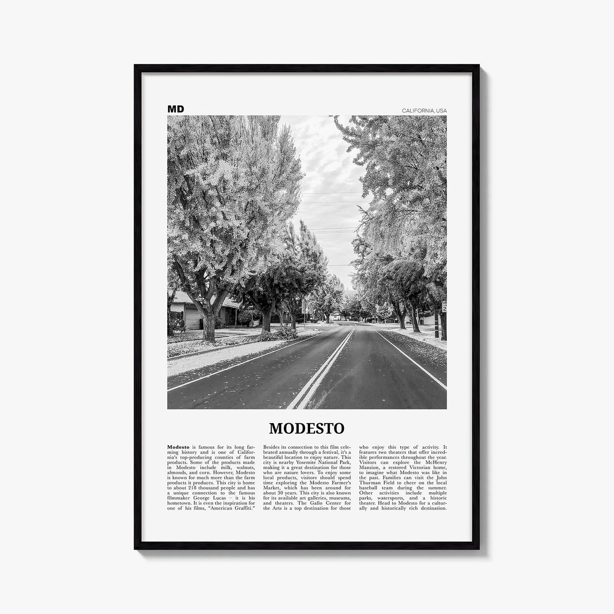 Modesto black & white newspaper poster of California, USA – vertical wall art, unframed print shown in interior mockup