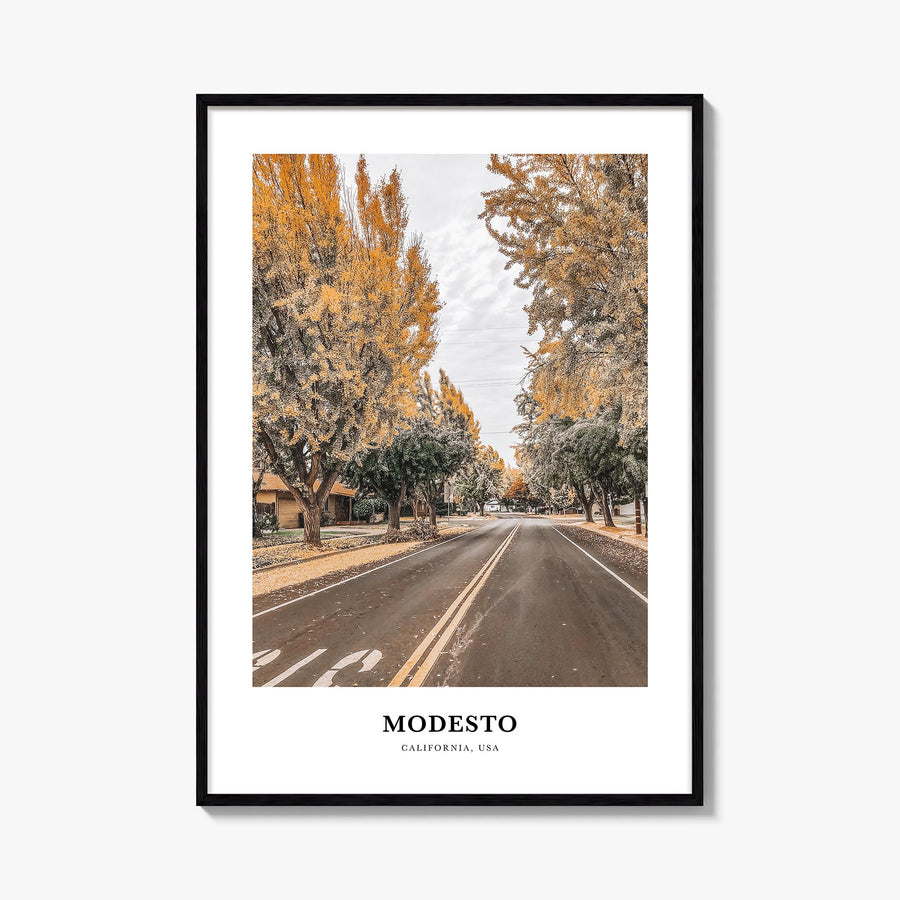 Modesto colorful classic poster of California, USA – vertical wall art, unframed print shown in interior mockup