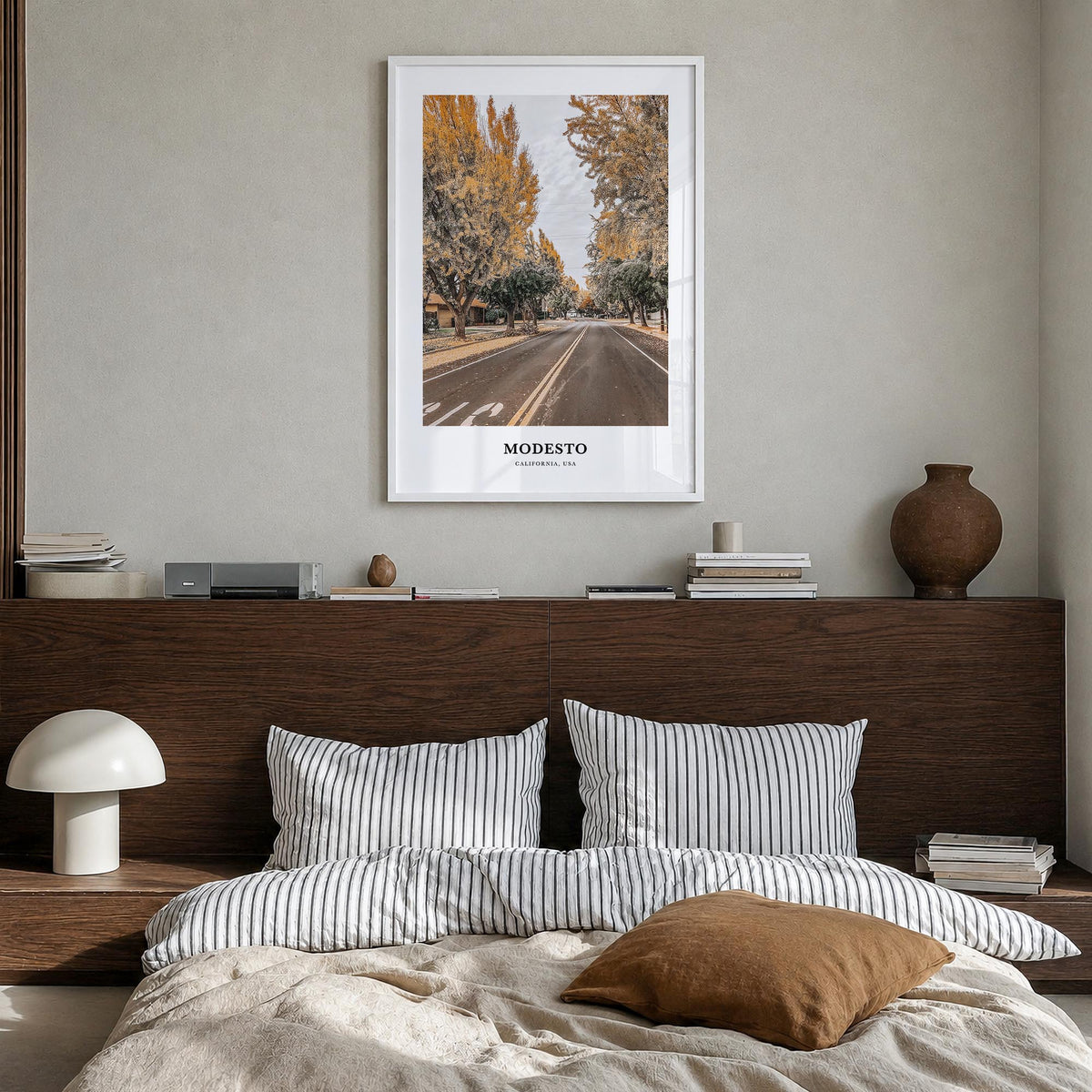 Modesto colorful classic poster of California, USA – vertical wall art in white wood frame, hanging on wall