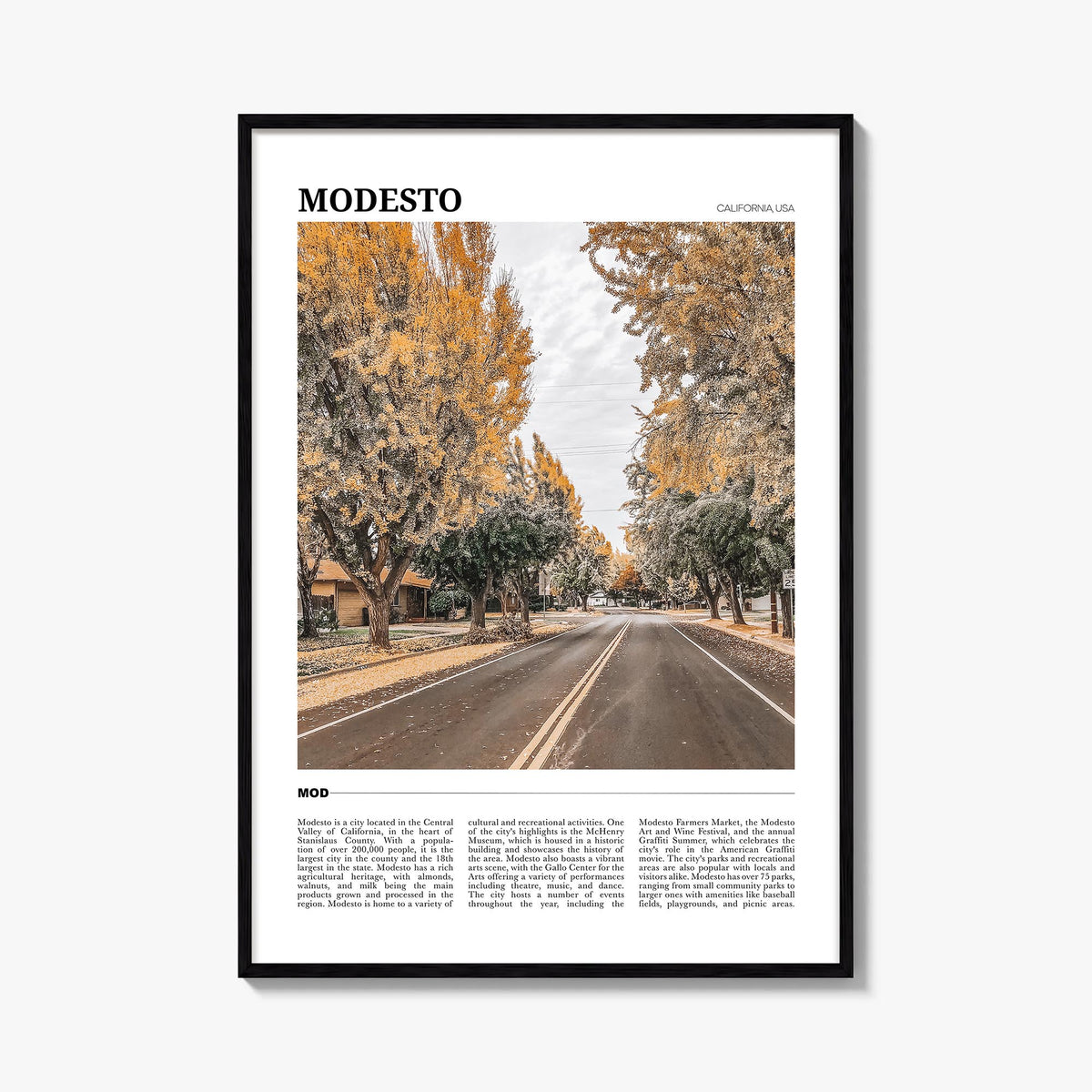 Modesto colorful travel poster of California, USA – vertical wall art, unframed print shown in interior mockup