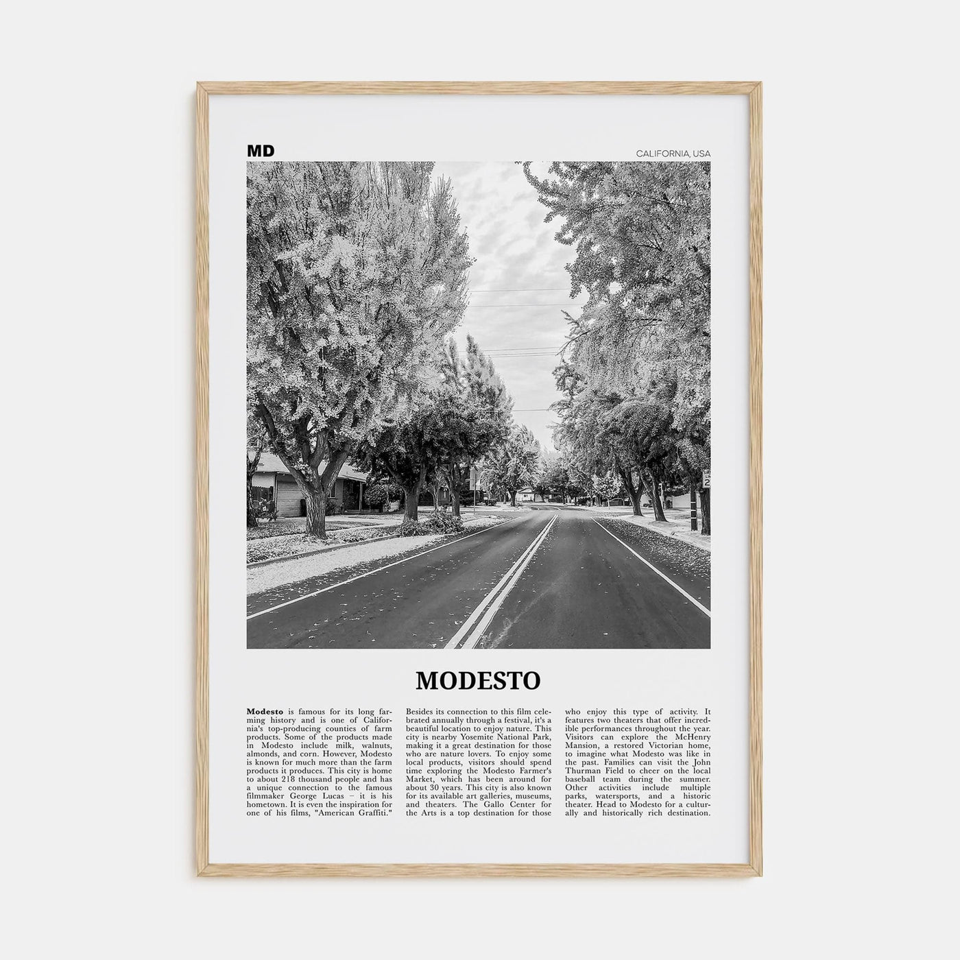 Modesto Poster Natural Wood / 8x12 in Nbourhood Travel B&W Poster