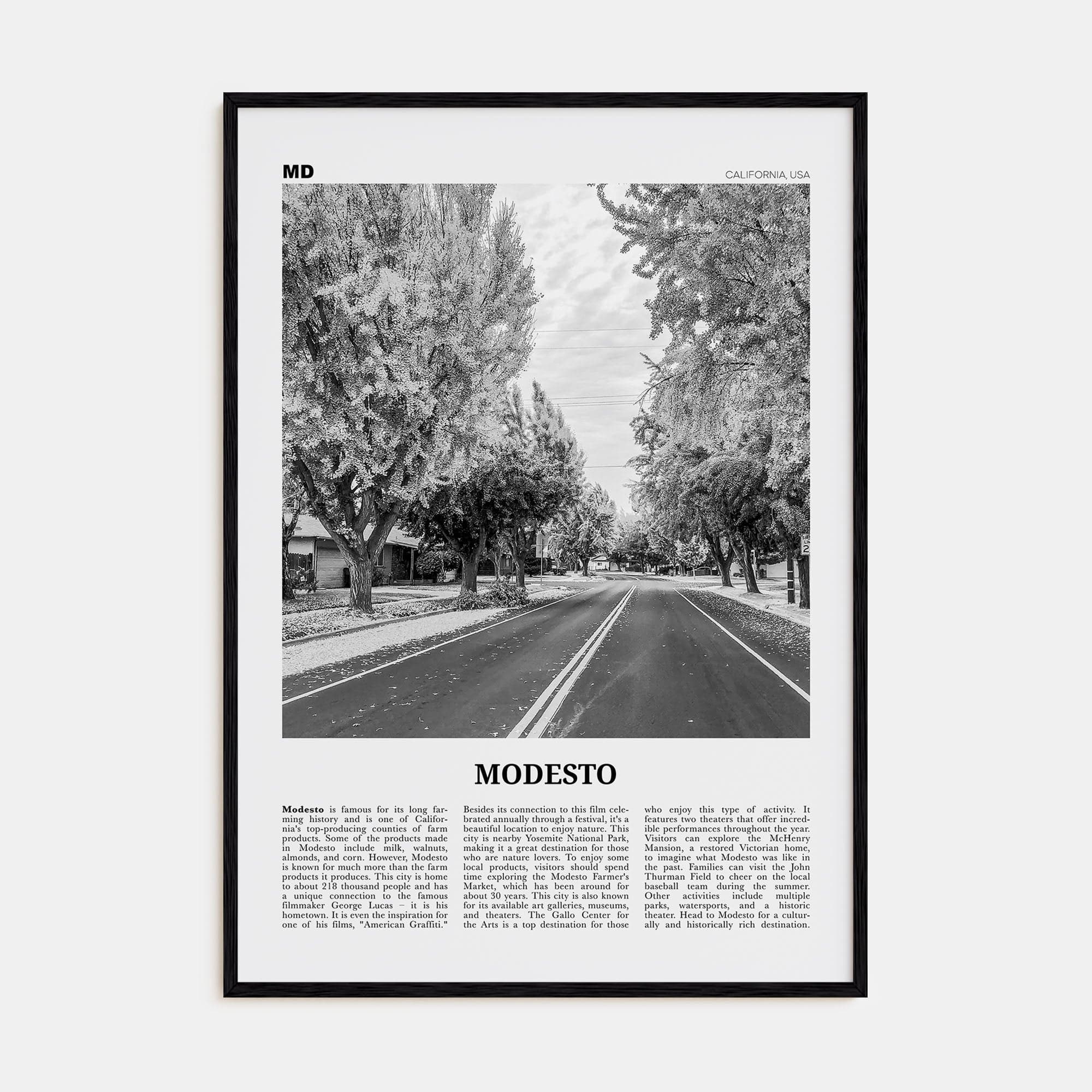 Modesto Poster Black Wood / 8x12 in Nbourhood Travel B&W Poster