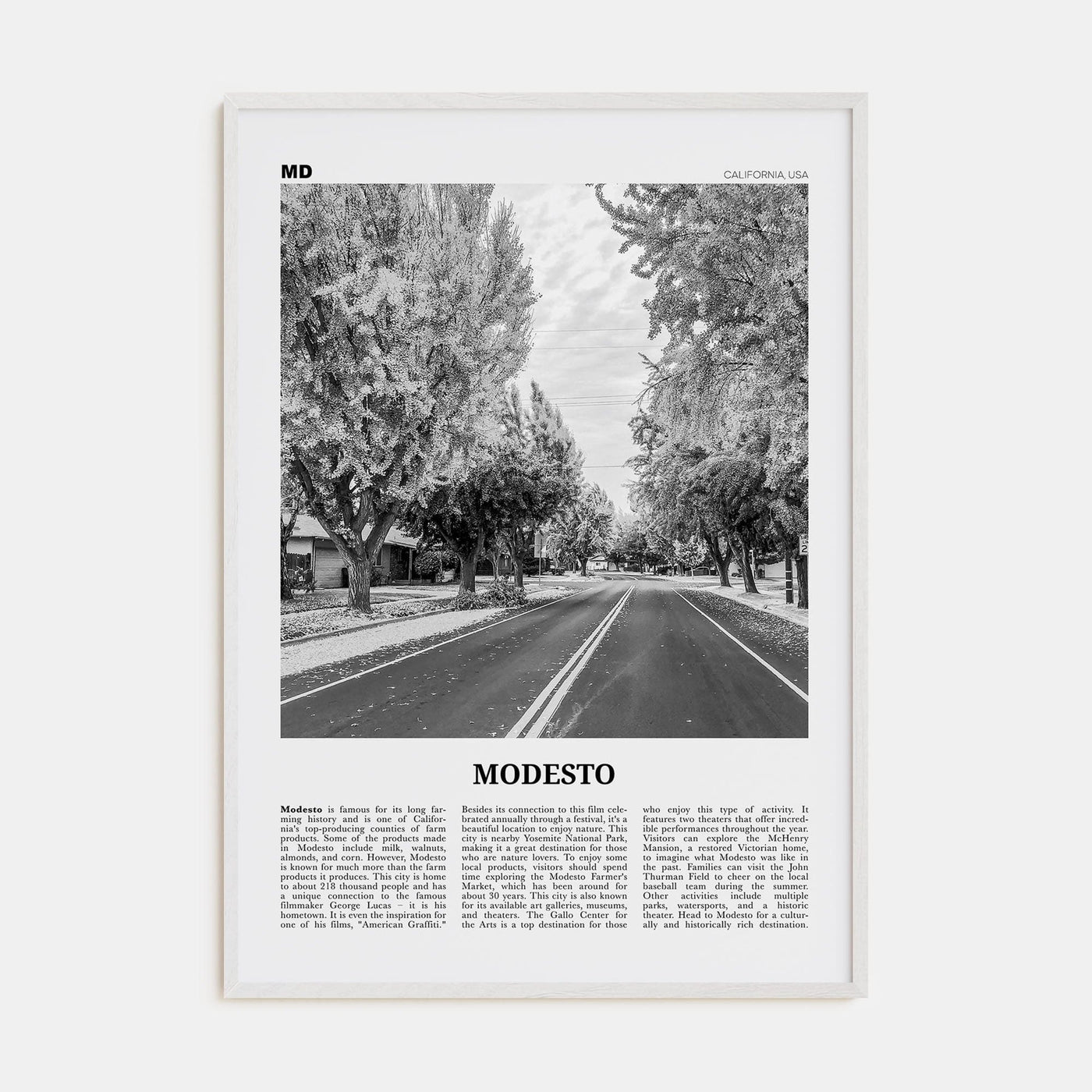 Modesto Poster White Wood / 8x12 in Nbourhood Travel B&W Poster