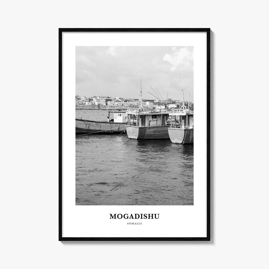Mogadishu black & white classic poster of Somalia – vertical wall art, unframed print shown in interior mockup