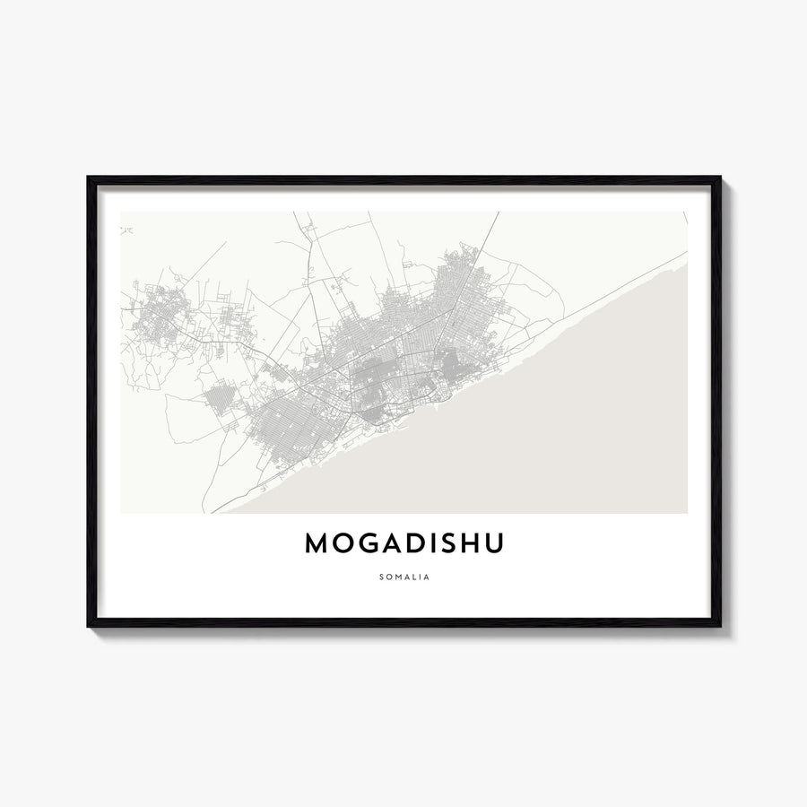 Mogadishu black & white map poster of Somalia – horizontal wall art, unframed print shown in interior mockup
