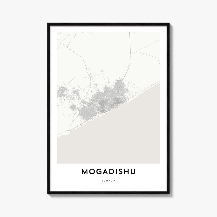 Mogadishu black & white map poster of Somalia – vertical wall art, unframed print shown in interior mockup