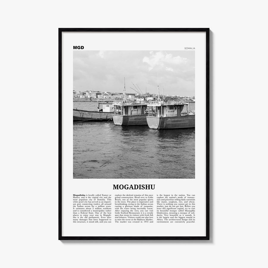 Mogadishu black & white newspaper poster of Somalia – vertical wall art, unframed print shown in interior mockup