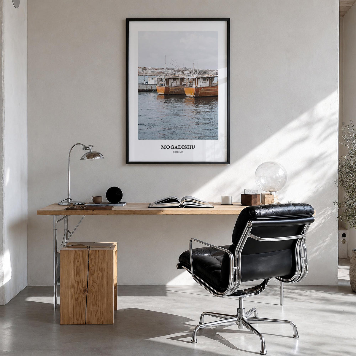 Mogadishu colorful classic poster of Somalia – vertical wall art in black wood frame, hanging on wall